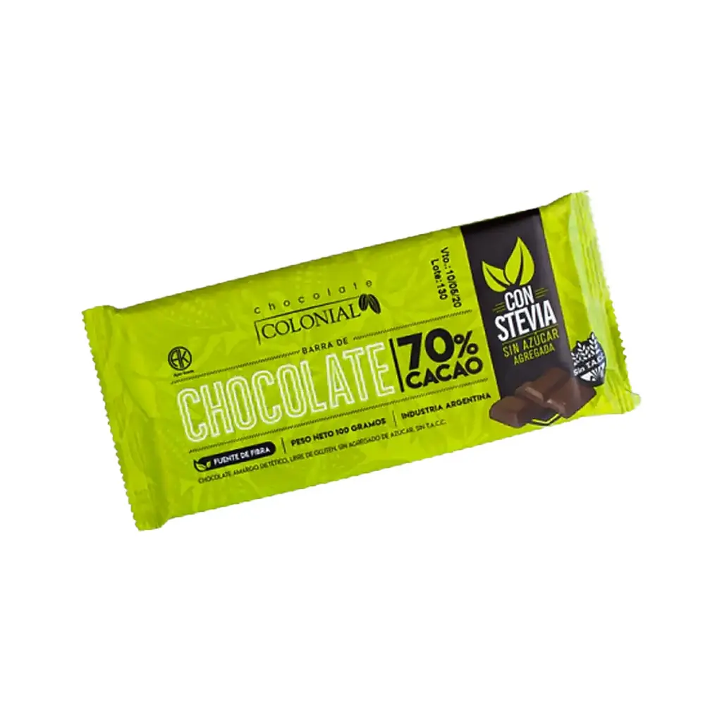 Barra de Chocolate 70% Cacao con Stevia x 100g